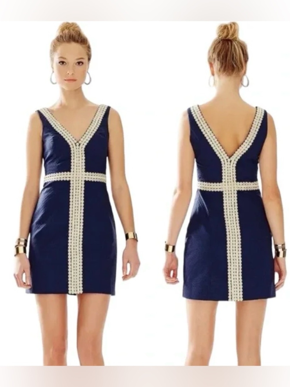 Lilly Pulitzer Bentley V-Neck Shift Dress in Navy with Gold Embroidery size 6